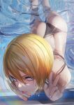  1girl :p animal_print ass bikini blonde_hair blue_eyes dripping feet_out_of_frame foreshortening from_above highres looking_at_viewer nanaken_nana original partially_submerged pool poolside revision short_hair solo swimsuit thighs tongue tongue_out v water wet 