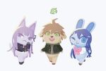  1boy 2girls :&lt; :d ahoge animal_crossing animal_ears bangs black_jacket black_ribbon blue_eyes blue_sailor_collar bow bowtie cat_girl crossover danganronpa:_trigger_happy_havoc danganronpa_(series) dog_boy dog_ears green_hoodie hair_ornament hair_ribbon hairclip hood hoodie jacket kirigiri_kyouko leaf long_hair maizono_sayaka multiple_girls naegi_makoto necktie one_eye_closed open_clothes open_jacket pink_bow pink_bowtie pink_hair rabbit_girl ribbon sailor_collar shirt short_hair smile teeth tsuna_(tuna1440) upper_teeth white_shirt 