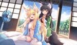  2girls ahoge animal_ear_fluff animal_ears antenna_hair bangs bed_sheet black_hair black_thighhighs blonde_hair blue_robe blush breasts day electric_fan fang fox_ears fox_girl fox_tail green_robe hair_brush hair_censor holding holding_another&#039;s_tail holding_brush indoors kneeling large_breasts long_hair long_sleeves looking_at_another multiple_girls navel no_bra one_eye_closed open_clothes open_mouth open_robe original panties pillow red_eyes ribbon-trimmed_legwear ribbon_trim robe roshin sitting striped striped_panties tail tail_brushing thighhighs tree underwear very_long_hair wariza white_thighhighs wide_sleeves 