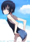  1girl adjusting_clothes ass black_eyes black_hair breasts day flat_chest highres kino_(kino_no_tabi) kino_no_tabi one-piece_swimsuit outdoors reverse_trap school_swimsuit short_hair sky small_breasts solo swimsuit tomurasuisen wading water wet 