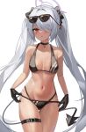  1girl :o absurdres bare_shoulders bikini black_bikini black_bow black_choker black_gloves blue_archive blush bow breasts choker collarbone cowboy_shot demon_tail eyewear_on_head gloves grey_hair hair_bow hair_over_one_eye halo highres iori_(blue_archive) iori_(swimsuit)_(blue_archive) iv_(iv70311741) long_hair medium_breasts navel parted_lips pendant_choker pointy_ears raised_eyebrows red_eyes simple_background solo stomach sunglasses swimsuit tail tan tanlines thigh_gap thigh_strap thighs twintails very_long_hair wet white_background 