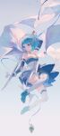  1girl absurdres bangs blue_dress blue_footwear blue_hair blue_skirt cape detached_sleeves dress floating garter_belt hair_ornament hairclip highres holding holding_sword holding_weapon light_blush looking_to_the_side maccha_(mochancc) magical_girl mahou_shoujo_madoka_magica miki_sayaka open_mouth pleated_skirt serious short_hair skirt solo sword thighhighs weapon white_cape white_dress white_thighhighs 