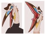  ambiguous_gender anthro azhdarchid beak black_clothing black_topwear blue_beak bodily_fluids brown_beak clothing fur glistening glistening_eyes gradient_tongue imperatorcaesar mouth_shot multicolored_beak open_mouth pink_tongue pterosaur quetzalcoatlus red_tongue reptile saliva saliva_on_tongue saliva_string scalie solo tan_body tan_fur tongue topwear yellow_beak 