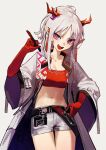  1girl :d absurdres arknights bandeau bangs coat grey_background highres horns long_hair looking_at_viewer nian_(arknights) open_clothes open_coat open_mouth pointy_ears purple_eyes simple_background smile solo strapless tube_top white_coat white_hair yoon_cook 