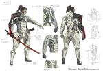  1boy black_hair cyborg earphones highres holding holding_sword holding_weapon katana konami mechanical_parts metal_gear_(series) metal_gear_rising:_revengeance official_art ponytail samuel_rodrigues sketch solo sword weapon yoshimura_ken&#039;ichirou 