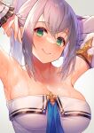  1girl armpits arms_up bare_shoulders braid breasts cleavage detached_sleeves green_eyes grey_hair hololive kibanda_gohan large_breasts long_hair long_sleeves looking_at_viewer ponytail shirogane_noel shirt sidelocks smile solo strapless strapless_shirt upper_body virtual_youtuber wet white_shirt 