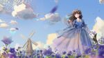  1girl absurdres artist_name blue_dress blue_sky brown_eyes brown_hair chinese_commentary closed_mouth cloud commentary_request dated dress english_text flower flower_request hair_ornament head_wreath highres long_hair long_sleeves original outdoors scenery see-through see-through_sleeves sky smile solo watermark windmill yuebanmao 