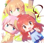  3girls :d absurdres ahoge blue_eyes brown_eyes chibi chiyoda_momo demon_tail green_eyes hair_bun highres hinatsuki_mikan horns lilith_(machikado_mazoku) long_hair machikado_mazoku multiple_girls nyaa_(nnekoron) orange_hair pink_hair red_hair short_hair simple_background smile tail v yoshida_yuuko_(machikado_mazoku) 