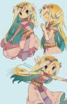  1girl artist_name belt blonde_hair blue_eyes blush dress floating_hair gloves highres jewelry long_hair multicolored_hair multiple_persona necklace parted_lips pink_dress pink_skirt princess_zelda skirt the_legend_of_zelda the_legend_of_zelda:_spirit_tracks the_legend_of_zelda:_the_wind_waker tokuura 