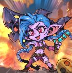  1girl :d alternate_ears alternate_form bangs bare_shoulders belt black_gloves blitzcrank blue_hair braid brown_belt brown_footwear colored_skin explosion fang fingerless_gloves gloves gun holding holding_gun holding_weapon jinx_(league_of_legends) league_of_legends long_hair navel open_mouth phantom_ix_row pink_eyes pink_thighhighs pointy_ears purple_skin rocket_launcher shiny shiny_hair shoes single_thighhigh smile solo standing stomach thighhighs twin_braids twintails weapon yordle 