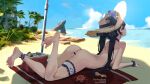  1girl ass bar_censor barefoot beach black_hair breasts censored choker feet genshin_impact green_eyes hat legs long_hair lying medium_breasts mona_(genshin_impact) nude ocean on_stomach pussy shade soles solo sydus thigh_strap thighs tree twintails 