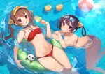  2girls ass_visible_through_thighs azur_lane ball bangs bare_arms bare_legs beachball bikini breasts brown_hair choker closed_mouth floating goggles goggles_on_head hair_rings highres ice_cream_cone innertube looking_at_viewer manjuu_(azur_lane) medium_breasts multiple_girls navel ning_hai_(azur_lane) ning_hai_(summer_hunger)_(azur_lane) open_mouth ping_hai_(azur_lane) ping_hai_(summer_vacation)_(azur_lane) pool purple_bikini purple_hair red_bikini red_eyes siblings sidelocks sisters small_breasts stomach swimsuit thigh_gap thighs twintails visor_cap yayako_(804907150) 