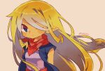  1girl alternate_costume blonde_hair commentary_request hair_down head_tilt jacket long_hair messy_hair neckerchief pointy_ears purple_shirt red_neckerchief shirt signature sleeveless sleeveless_jacket smile solo tan tetra the_legend_of_zelda the_legend_of_zelda:_the_wind_waker tokuura upper_body very_long_hair 