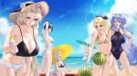  6+girls absurdres alternate_costume animal_ear_fluff animal_ears arms_up artist_name ass azur_lane beach bikini bikini_skirt black_bikini black_bow black_hair blonde_hair blue_eyes blush bottle bow breasts closed_eyes closed_mouth cloud day dropping eyes_visible_through_hair flower food fox_ears frilled_bikini frilled_skirt frills fruit grey_hair hair_between_eyes hair_bow hand_on_another&#039;s_shoulder hat hat_flower highres holding holding_bottle holding_surfboard holding_umbrella horns kashenori kronshtadt_(azur_lane) large_breasts lens_flare long_hair looking_at_viewer mechanical_horns medium_breasts mismatched_bikini multi-strapped_bikini multiple_girls new_jersey_(azur_lane) o-ring o-ring_bikini ocean oil-paper_umbrella one-piece_swimsuit open_mouth outdoors purple_eyes purple_hair rabbit_ears red_carpet red_horns sand sarong see-through_sarong see-through_swimsuit shimakaze_(azur_lane) shinano_(azur_lane) short_hair skirt small_breasts straw_hat string_bikini striped striped_bikini surfboard swimsuit teeth ulrich_von_hutten_(azur_lane) umbrella upper_teeth vanguard_(azur_lane) very_long_hair watermelon white_bikini white_flower white_sarong yellow_bikini yellow_eyes yellow_umbrella 