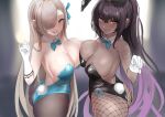  2girls animal_ears ass asuna_(blue_archive) asuna_(bunny)_(blue_archive) bangs bare_shoulders black_hair black_leotard blue_archive blue_eyes blue_leotard blush breasts cleavage dark-skinned_female dark_skin detached_collar dh-zone elbow_gloves fake_animal_ears fishnet_legwear fishnets gloves hair_over_one_eye highleg highleg_leotard highres karin_(blue_archive) karin_(bunny)_(blue_archive) large_breasts leotard light_brown_hair long_hair looking_at_viewer mole mole_on_breast multiple_girls pantyhose playboy_bunny ponytail rabbit_ears rabbit_tail sidelocks smile tail thighs white_gloves yellow_eyes 