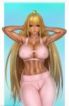  1girl abs arm_behind_head arm_up armpits arms_behind_head arms_up bangs bare_shoulders blonde_hair blush breasts cameltoe cleavage dark-skinned_female dark_skin gyaru highres large_breasts limgae long_hair looking_at_viewer midriff muscular muscular_female navel nipples pants red_eyes shikishima_mirei sleeveless smile solo sports_bra stomach thighs toned valkyrie_drive valkyrie_drive_-mermaid- 
