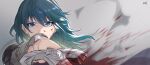  1girl absurdres blood blood_on_face blue_eyes blue_hair byleth_(fire_emblem) byleth_(fire_emblem)_(female) da-cart fire_emblem fire_emblem:_three_houses fire_emblem_warriors:_three_hopes grey_background highres holding holding_sword holding_weapon long_hair looking_at_viewer solo sword vambraces weapon 