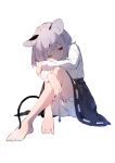  1girl akagashi_hagane animal_ears barefoot bloomers feet grey_hair light_smile looking_to_the_side mouse_ears mouse_tail nazrin one_eye_closed red_eyes short_hair solo tail toes touhou underwear white_background 