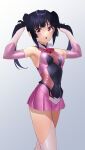  1girl absurdres bangs black_hair blunt_bangs blush breasts covered_navel elbow_gloves gloves highres leotard long_hair looking_at_viewer nyanmaru open_mouth pink_eyes pink_leotard senki_zesshou_symphogear shiny shiny_hair shiny_skin skin_tight skirt small_breasts solo standing sweat thighhighs tsukuyomi_shirabe twintails 