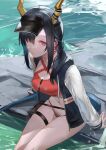  1girl bikini bikini_under_clothes black_hair black_headwear black_jacket blazpu breasts cleavage copyright_request day dragon_girl dragon_horns dragon_tail earpiece hair_over_one_eye highres horns jacket large_breasts long_hair long_sleeves looking_at_viewer open_clothes open_jacket outdoors parted_lips red_bikini red_eyes rock soaking_feet solo swimsuit tail thigh_pouch thigh_strap visor_cap water 