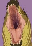  absurd_res ambiguous_gender bodily_fluids feral front_view green_body hi_res imperatorcaesar mouth_shot open_mouth pink_tongue purple_background saliva saliva_on_tongue saliva_string sharp_teeth simple_background solo striped_body stripes tan_teeth teeth tongue 