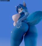  anthro areola big_breasts big_butt blender_(software) blue_body blue_eyes breasts butt canid canine dr4ch3n female fox genitals hand_on_butt hi_res krystal looking_at_viewer looking_back mammal nintendo nipples pussy solo star_fox tattoo thick_thighs video_games warfare_machine 