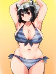  1girl alternate_breast_size animal_ears armpits arms_up bikini black_hair blush breasts brown_eyes cleavage common_raccoon_(kemono_friends) cowboy_shot from_above front-tie_bikini front-tie_top gradient gradient_background grey_background halterneck head_tilt highres huge_breasts isna_(footprintsofisna) kemono_friends looking_at_viewer lying medium_hair multicolored_bikini multicolored_clothes multicolored_hair navel no_tail on_back parted_lips raccoon_ears side-tie_bikini solo stomach striped striped_bikini striped_swimsuit swimsuit vertical-striped_bikini vertical_stripes white_hair 
