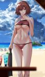  1girl :d absurdres bag bangs bare_arms bare_legs bare_shoulders beach bikini blurry blurry_foreground breasts brown_bikini brown_hair cameltoe cloud cloudy_sky collarbone cup day depth_of_field drink drinking_glass feet_out_of_frame fingernails hair_ornament hairclip hand_up heart highres higuchi_madoka holding holding_bag horizon idolmaster idolmaster_shiny_colors large_breasts long_fingernails looking_at_viewer multiple_others nail_polish ocean open_mouth outdoors purple_eyes red_nails short_hair sky smile standing swimsuit table thigh_gap towel towel_around_neck underboob water yiran 
