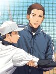  2boys ball baseball baseball_cap baseball_uniform coach day hat highres holding holding_another&#039;s_arm holding_ball jacket male_focus multiple_boys original outdoors pitching playing_sports short_hair sportswear teacher_and_student tettabuzz track_jacket very_short_hair 