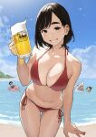  4girls :d ^^^ ^_^ alcohol animal_costume asahi_breweries beach beer beer_mug belly bikini black_hair blue_sky brand_name_imitation breasts brown_eyes brown_hair cleavage closed_eyes cloud commentary cup day douki-chan_(douki-chan) fingernails ganbare_douki-chan halterneck highres holding holding_cup intern_(douki-chan) kouhai-chan_(douki-chan) large_breasts looking_at_viewer mole mole_on_breast mole_on_cheek mug multiple_girls nail_polish navel ocean outdoors partially_submerged plump red_bikini red_nails senpai-san_(douki-chan) shark_costume short_hair side-tie_bikini sitting sky smile standing string_bikini summer sunglasses swimsuit thigh_gap thighs yomu_(sgt_epper) 