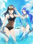  2girls artist_request bangs bare_shoulders black_hair black_swimsuit blue_eyes blush breasts brighid_(water_lily)_(xenoblade) brighid_(xenoblade) brown_eyes closed_eyes collarbone fingerless_gloves fire gloves hat highres large_breasts long_hair looking_at_viewer military morag_ladair_(obligatory_leave)_(xenoblade) morag_ladair_(xenoblade) multiple_girls navel one-piece_swimsuit one_eye_closed purple_hair short_hair small_breasts smile swimsuit white_gloves xenoblade_chronicles_(series) xenoblade_chronicles_2 