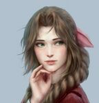  1girl aerith_gainsborough bangle bangs bracelet braid braided_ponytail brown_hair final_fantasy final_fantasy_vii final_fantasy_vii_remake green_eyes grey_background hair_over_shoulder hair_ribbon hand_to_own_face highres honeybunny-art jewelry lips long_hair looking_to_the_side parted_bangs parted_lips pink_ribbon portrait ribbon sidelocks solo upper_body 