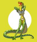  anthro biped bottomwear breasts clothing countershade_neck countershade_tail countershade_torso countershading fangs female fivel gums hi_res non-mammal_breasts open_mouth reptile scales scalie simple_background snake solo topwear under_boob 