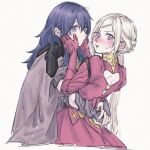  2girls armguards arms_around_waist back_cutout blue_eyes blue_hair blush byleth_(fire_emblem) byleth_(fire_emblem)_(female) clothing_cutout couple edelgard_von_hresvelg fire_emblem fire_emblem:_three_houses hands_on_another&#039;s_face ichi27ichi imminent_kiss interrupted looking_at_viewer multiple_girls purple_eyes simple_background sweat upper_body white_hair yuri 