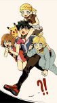  !? 2boys 2girls :d ahoge ash_ketchum bangs black_hair blonde_hair blue_eyes blue_jacket blue_ribbon bonnie_(pokemon) brown_eyes brown_hair brown_shirt carrying clemont_(pokemon) commentary_request dress glasses highres jacket knees korean_commentary multiple_boys multiple_girls neck_ribbon open_mouth pants pikachu pink_dress pink_footwear pokemon pokemon_(anime) pokemon_(creature) pokemon_xy_(anime) ribbon serena_(pokemon) shirt shoes short_hair skirt smile smile_ball0401 sneakers sweat sweatdrop teeth tongue upper_teeth 