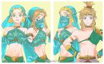  1boy 1girl arabian_clothes armlet armor bangs bare_shoulders blonde_hair blue_eyes blush bracer breasts couple crop_top crossdressing detached_sleeves earrings green_eyes green_shirt hair_between_eyes hair_ornament hairclip halter_top halterneck hand_on_own_chest hands_on_hips headband high_ponytail highres holding_another&#039;s_arm hoop_earrings jewelry link looking_at_viewer medium_breasts medium_hair midriff mouth_veil multiple_views navel nito_minatsuki open_mouth parted_bangs pointy_ears princess_zelda see-through see-through_sleeves shirt short_hair shoulder_armor sidelocks smile the_legend_of_zelda the_legend_of_zelda:_breath_of_the_wild thick_eyebrows veil yellow_background 