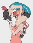  2girls anger_vein black_hair hair_ribbon hanebado! hanesaki_ayano holding holding_phone kakeami multiple_girls on_person open_mouth phone pink_ribbon pink_shirt red_ribbon ribbon serigaya_kaoruko shirt shorts sleeveless sportswear 