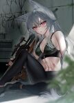  1girl abs animal_ears bare_shoulders black_gloves black_pants bra breasts cleavage fine_fabric_emphasis fingerless_gloves fox_ears gloves green_bra grey_hair gun highres holding holding_gun holding_weapon jacket kawachi_rin knee_up long_hair looking_at_viewer medium_breasts midriff navel off_shoulder open_clothes open_jacket original pants partially_unzipped red_eyes rifle scar scar_on_stomach scope shoes sitting sniper_rifle solo stomach underwear weapon white_jacket 