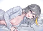  1girl :d absurdres breasts cleavage commission empress_(last_origin) grey_hair highres kangi_nako large_breasts last_origin long_hair long_sleeves looking_at_viewer lying multicolored_hair naked_shirt navel on_side open_clothes open_mouth open_shirt pillow purple_eyes shirt smile solo streaked_hair white_background white_shirt 