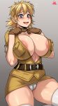  1girl absurdres areola_slip artist_name belt blonde_hair blue_eyes breast_pocket breasts brown_gloves cameltoe choker collarbone commentary fang flying_sweatdrops gloves gradient gradient_background grey_background hands_up hellsing highres huge_breasts jmg large_breasts no_bra open_clothes open_mouth open_shirt panties pocket seras_victoria shiny shiny_hair shiny_skin skirt solo thick_thighs thighhighs thighs tongue underwear wavy_mouth white_panties 