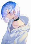  1girl achiki bangs blue_eyes blue_hair blush choker earrings flat_chest from_side highres hood jacket jewelry looking_at_viewer mole mole_under_eye open_mouth original short_hair simple_background solo upper_body white_background 