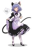  1girl alternate_costume animal_ears apron bangs black_footwear cat_ears cat_tail closed_mouth clothes_lift dress dress_lift enmaided full_body grey_hair high_heels highres juliet_sleeves lifted_by_self long_sleeves looking_to_the_side maid maid_headdress nazrin puffy_sleeves red_eyes ribbon-trimmed_dress short_eyebrows short_hair simple_background slit_pupils solo spoken_squiggle squiggle standing tail take_no_ko_(4919400) touhou white_apron white_background 