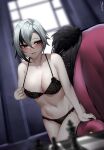  1girl absurdres areola_slip arlecchino_(genshin_impact) arm_support bare_arms bare_shoulders black_bra black_eyes black_hair black_nails black_panties blurry blurry_foreground blush bra bra_tug breasts chess_piece cleavage coat coat_removed earrings finn_(finnjson) fur-trimmed_coat fur_trim genshin_impact grey_hair hair_between_eyes halterneck highres jewelry lace lace_bra large_breasts looking_to_the_side multicolored_hair navel panties parted_lips solo stomach streaked_hair symbol-shaped_pupils two-tone_hair underwear underwear_only x-shaped_pupils 