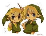  1boy bangs belt blonde_hair blue_eyes child eyebrows_hidden_by_hair green_headwear green_shirt hat link male_child male_focus multiple_persona pointy_ears shirt short_hair the_legend_of_zelda the_legend_of_zelda:_ocarina_of_time the_legend_of_zelda:_the_wind_waker tokuura toon_link young_link 