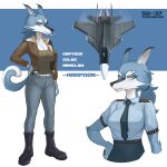  2022 aircraft airplane anthro blue_eyes bottomwear breasts canid canine canis cigarette clothing domestic_dog ear_piercing ear_ring eyebrow_piercing facial_piercing female hand_on_hip hi_res inner_ear_fluff jacket jet looking_at_viewer mammal narrowed_eyes necktie pants piercing ring_piercing shirt smoothsharb solo sukhoi sukhoi_su-37 tank_top topwear tuft 