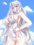  alternate_breast_size blue_sky breasts cosplay covered_nipples hakkai hand_on_hip highres jewelry kantai_collection large_breasts long_hair looking_at_viewer murakumo_(kancolle) one-piece_swimsuit ring sagiri_(kancolle) sagiri_(kancolle)_(cosplay) sidelocks sky swimsuit wedding_band white_hair yellow_eyes 