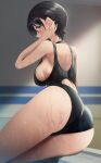  1girl absurdres amane_sora arm_support ass back bare_arms bare_legs black_hair black_swimsuit blue_eyes blurry blurry_background blush breasts competition_swimsuit covered_mouth from_side hair_tucking hand_up highres large_breasts looking_at_viewer mole mole_on_breast one-piece_swimsuit original short_hair sideboob sidelocks sitting solo swimsuit thighs wet 