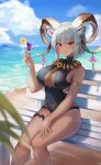  1girl absurdres animal_ear_fluff animal_ears arknights armlet bangs bare_legs beach bench black_swimsuit blue_sky blunt_bangs blush breasts carnelian_(arknights) carnelian_(shining_dew)_(arknights) casual_one-piece_swimsuit cleavage closed_mouth cloud covered_navel cup dark-skinned_female dark_skin day drink drinking_glass feet_out_of_frame food fruit goat_ears goat_girl goat_horns grey_hair hand_on_own_thigh highres holding holding_cup horn_ornament horns jewelry large_breasts lemon lemon_slice looking_at_viewer necklace ocean one-piece_swimsuit outdoors red_eyes short_hair sitting sktre12 sky smile solo swimsuit thighlet water 