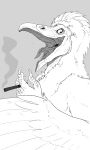  absurd_res anthro beak beak_piercing cigarette facial_piercing feathered_wings feathers furgonomics furry-specific_piercing greyscale head_tuft hi_res holding_cigarette holding_object imperatorcaesar male monochrome open_mouth piercing simple_background solo tongue tuft winged_arms wings 
