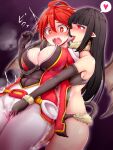  2girls black_gloves black_hair blush breasts character_request demon_girl drooling eva_(mon-musu_quest!) fingering fingering_through_clothes fur_collar gloves glowing glowing_eyes hair_between_eyes heart highres large_breasts licking licking_neck mon-musu_quest! mon-musu_quest:_paradox multiple_girls nose_blush pointy_ears raichi_(ddq0246) red_eyes red_hair spoken_heart tail tail_between_breasts through_clothes tongue tongue_out wavy_mouth yuri 